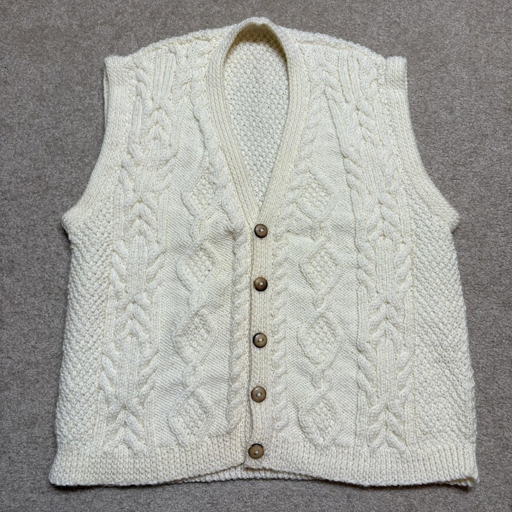 Vtg Aran Cable Knit Cardigan Sweater Vest Womens Medium Cream Chunky Fisherman